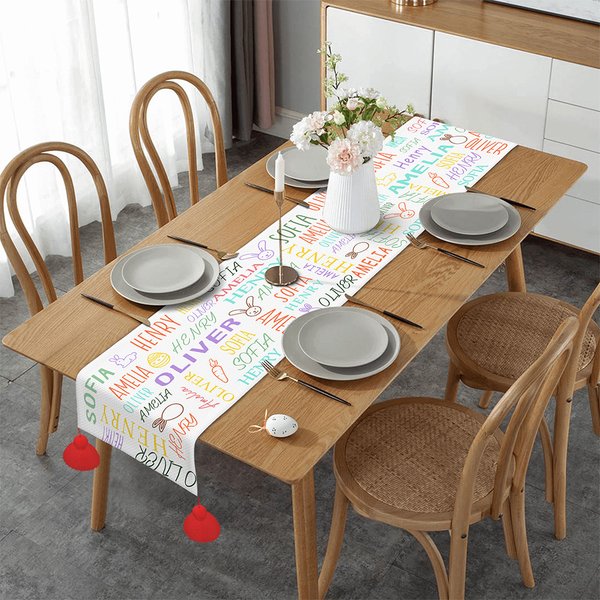 Personalised Bunny Easter Eggs Word Cloud Table Runner with Name and Tassels Table Decor Easter Party Favors Gift for Family