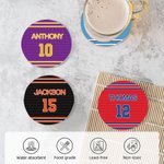 Sous-verres ronds en céramique multicolore personnalisés avec nom et numéro Lot de 4 pendaisons de crémaillère Cadeau d'anniversaire pour les amoureux du sport