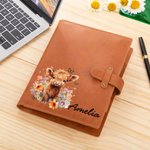 Personalisierte Floral Hochland Kuh Name A5 Skizzenbuch Notebook Ledereinband mit Aufbewahrungstasche Geburtstag Geschenk für Hochland Kuh Liebhaber Maler Studenten