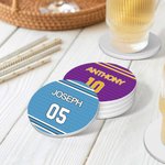 Sous-verres ronds en céramique multicolore personnalisés avec nom et numéro Lot de 4 pendaisons de crémaillère Cadeau d'anniversaire pour les amoureux du sport