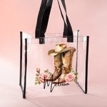 Personalisierte Vintage Cowboyhut Stiefel Geburt Blume klar Tragetasche mit Namen Geburtstag Reise Hochzeit Party Geschenk für Frauen