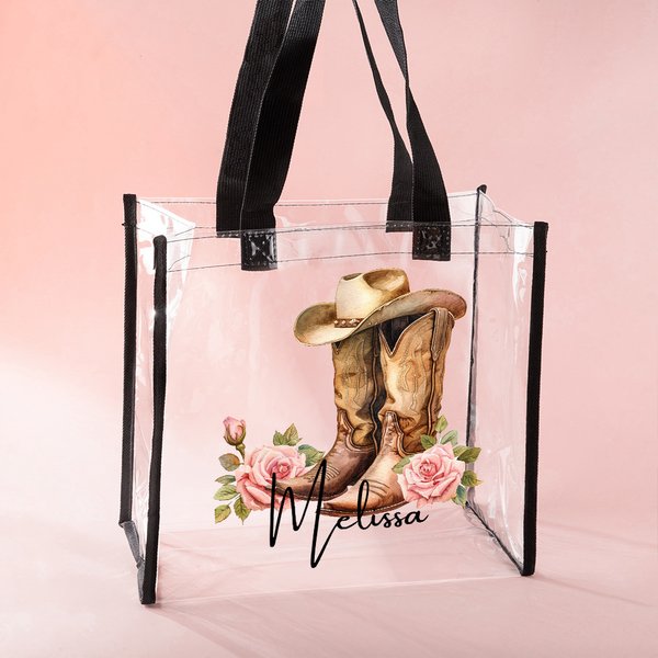 Personalisierte Vintage Cowboyhut Stiefel Geburt Blume klar Tragetasche mit Namen Geburtstag Reise Hochzeit Party Geschenk für Frauen
