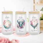 Personalized Watercolor 12 Constellation Sign Zodiac Design 20oz  Glass with Bamboo Lid and Straw Birthday Anniversary Gift for Astrology Enthusiast