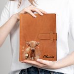 Personalisierte Floral Hochland Kuh Name A5 Skizzenbuch Notebook Ledereinband mit Aufbewahrungstasche Geburtstag Geschenk für Hochland Kuh Liebhaber Maler Studenten