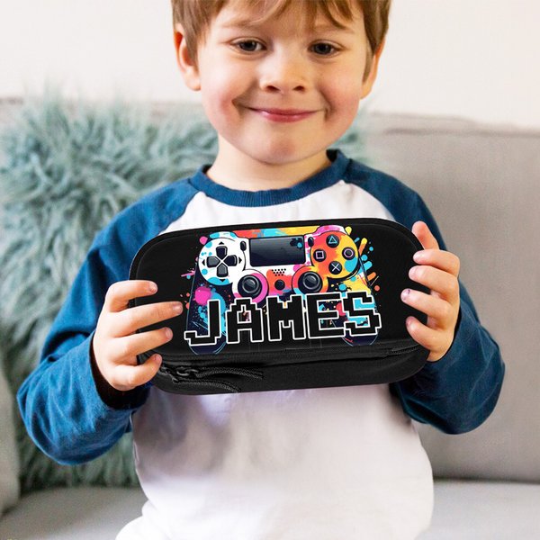 Personalisert akvarell Gamepad-design Dobbeltlags Oxford-blyantveske med navn og glidelås Skolemateriell Bursdagsbursdag Tilbake til skolen Gave til gutter Jenter