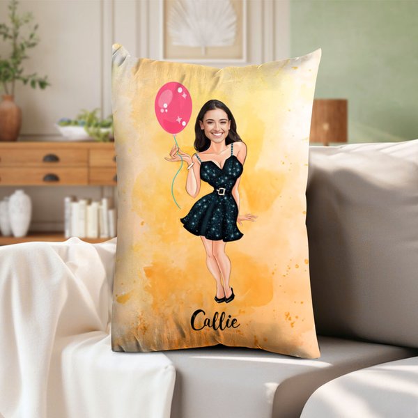 Personalised Watercolour Face Photo Cartoon Couple Soft Rectangle Pillow Cover with Name Home Decor Valentine's Day Housewarming Gift for Couple