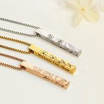 Personalized Engraved 4 Sides Family Bar Necklace with Birth Flower and Text Birthday Anniversary Gift for Women