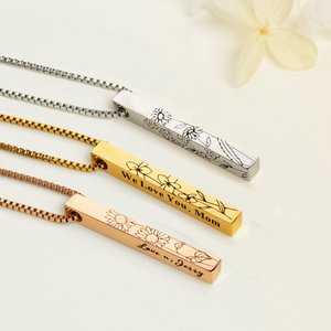 Personalised Engraved 4 Sides Family Bar Necklace with Birth Flower and Text Birthday Anniversary Gift for Women