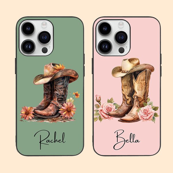 Personalized Western Cowgirl Hat Boots Birth Flower Phone Case for iPhone with Name Birthday Bridal Shower Gift for Women