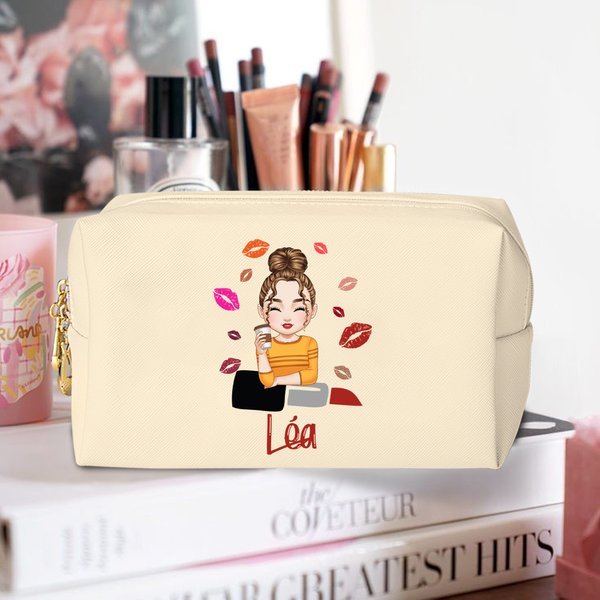 Gepersonaliseerde lippenstift Cartoon Meisje Lederen Make-up tasje met naam Portable Travel Essentials Verjaardag Bruidsmeisje Gift voor meisjes Vrouwen