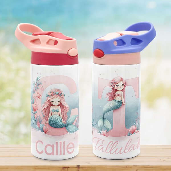 Personlig Fantasy Ocean Mermaid Initial 12oz Kid Isolert vannflaske med håndtak og silikon sugerør Bursdag tilbake til skolen Gave til jenter