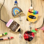 Personalized Glitter Leopard Print Pencil Apple Rainbow Beaded Lanyard and Bag Tag Set Back to School Appreciation Gift for Teacher