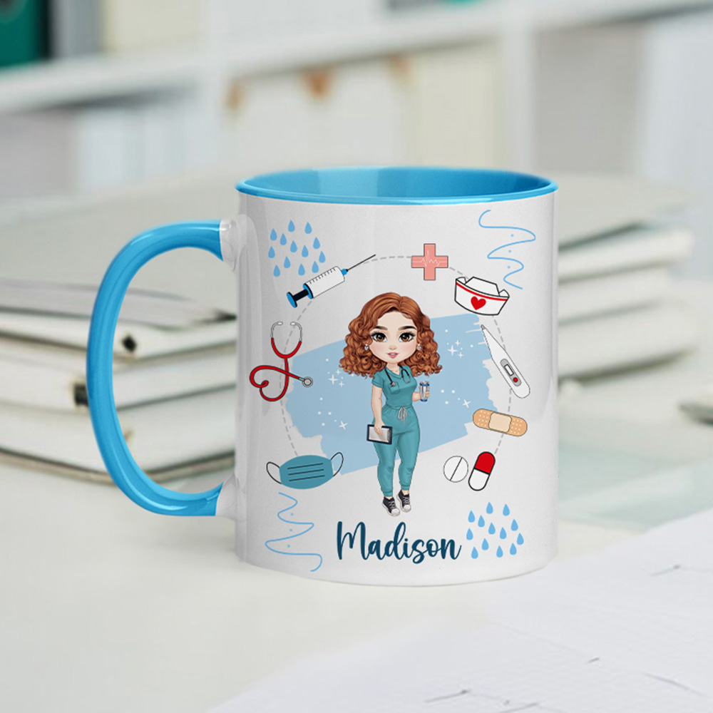 Personalisierte Cartoon-Krankenschwester 330 ml Keramik Tasse mit Namen Stethoskop-Pille Geburtstag Geschenk für Krankenschwester