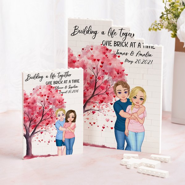 Personalized Love Tree Cartoon Hugging Couple Building Brick Puzzles with Name and Date Valentine's Day Anniversary Gift for Couple