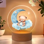 Luz nocturna LED personalizada de oso con forma de luna y estrella base de madera y nombre decoración de hogar regalo de cumpleaños para niños