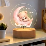 Luz nocturna LED personalizada de oso con forma de luna y estrella base de madera y nombre decoración de hogar regalo de cumpleaños para niños