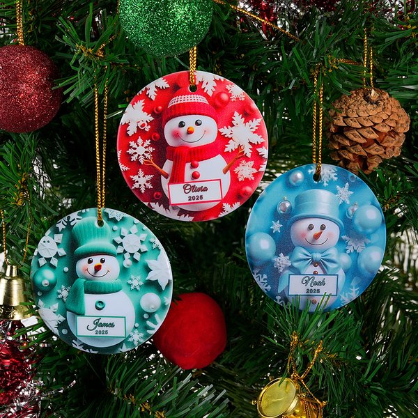 Personalized Faux 3D Snowman Snowflake Ceramic Ornament with Name and Year Christmas Tree Home Decor Holiday Gift for Family Kids