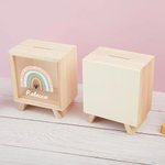 Personalized Rainbow Clear Wood Money Box Piggy Bank with Name Nursery Decor Birthday Baby Shower Gift for Kids