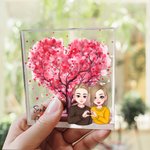 Personalisierte Cartoon Paare Rosa Herzbaum Quadratische Acrylplatte mit Namen Schreibtisch Dekoration Valentinstag Geschenk für Paare