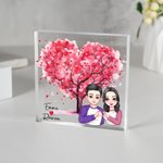 Personalisierte Cartoon Paare Rosa Herzbaum Quadratische Acrylplatte mit Namen Schreibtisch Dekoration Valentinstag Geschenk für Paare