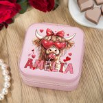 Personalized Coquette Bow Love Highland Cow PU Leather Jewellery Box with Name Travel Essentials Birthday Valentine’s Day Gift for Women
