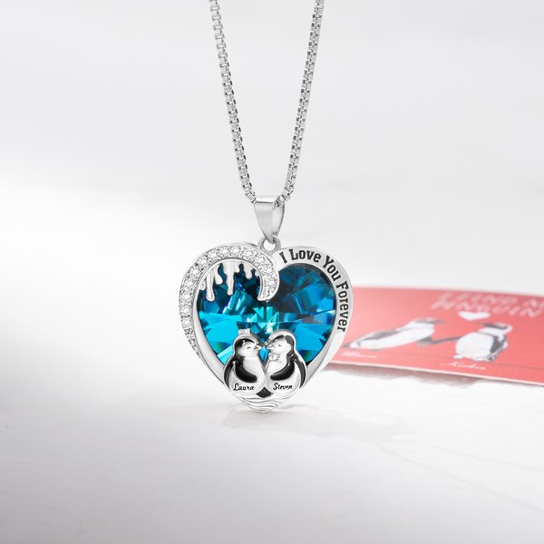 Gepersonaliseerde hart kristal zirkoon pinguïn paar hanger ketting met gegraveerde namen Valentijnsdag jubileum cadeau voor geliefde