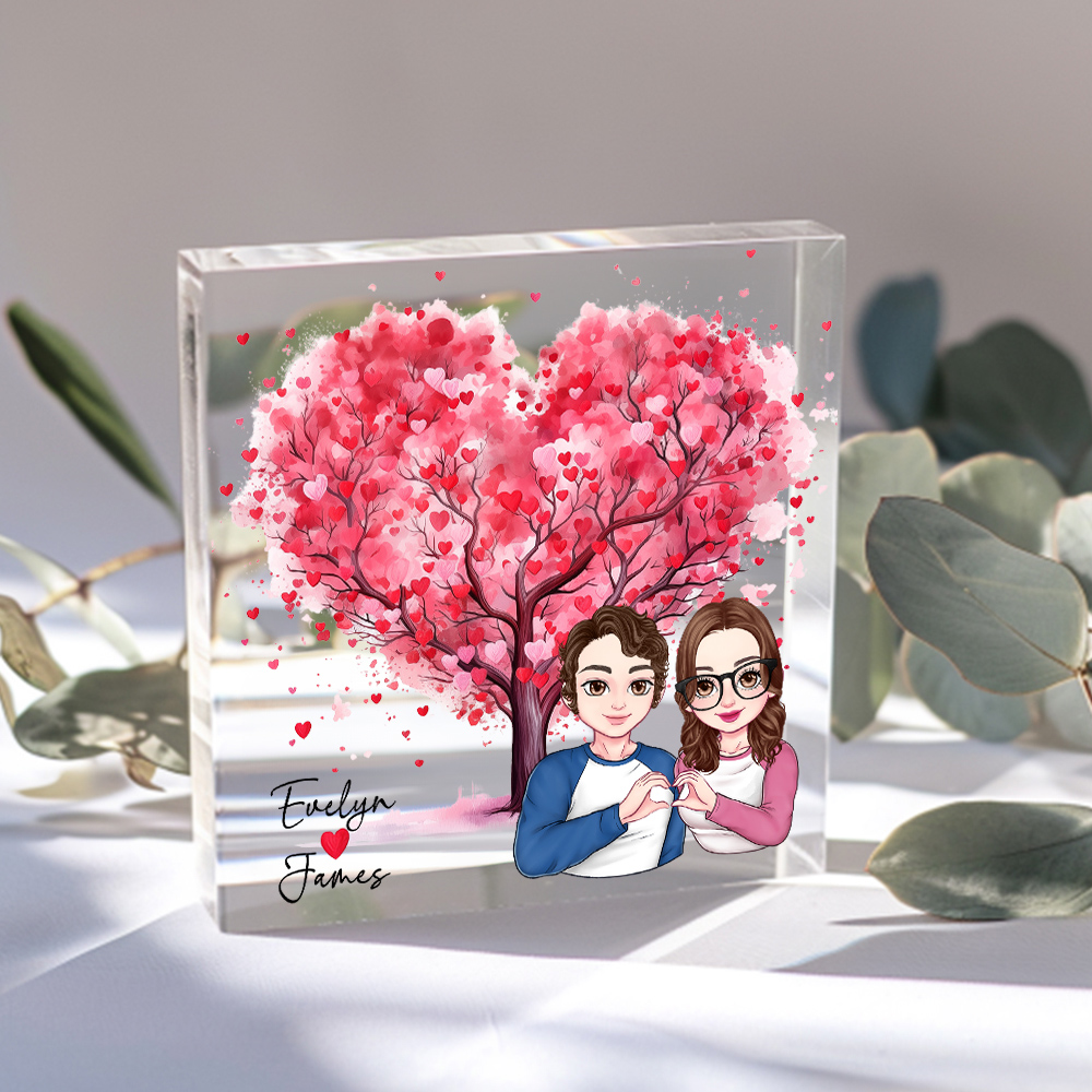 Personalisierte Cartoon Paare Rosa Herzbaum Quadratische Acrylplatte mit Namen Schreibtisch Dekoration Valentinstag Geschenk für Paare