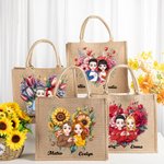 Borsa in juta personalizzata con due personaggi animati gesto del cuore e fiore con nomi regalo di San Valentino anniversario o compleanno per coppie