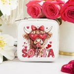 Personalized Coquette Bow Love Highland Cow PU Leather Jewellery Box with Name Travel Essentials Birthday Valentine’s Day Gift for Women