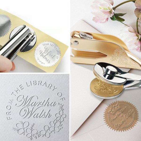 Personalized Flower Leaf Name Logo Book Embossing Stamp Engraved Hand-held Embosser Set Birthday Library Book Club Gift for Bookworms Readers