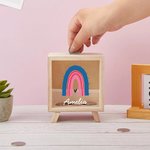 Personalized Rainbow Clear Wood Money Box Piggy Bank with Name Nursery Decor Birthday Baby Shower Gift for Kids