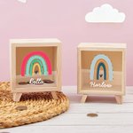 Personalized Rainbow Clear Wood Money Box Piggy Bank with Name Nursery Decor Birthday Baby Shower Gift for Kids