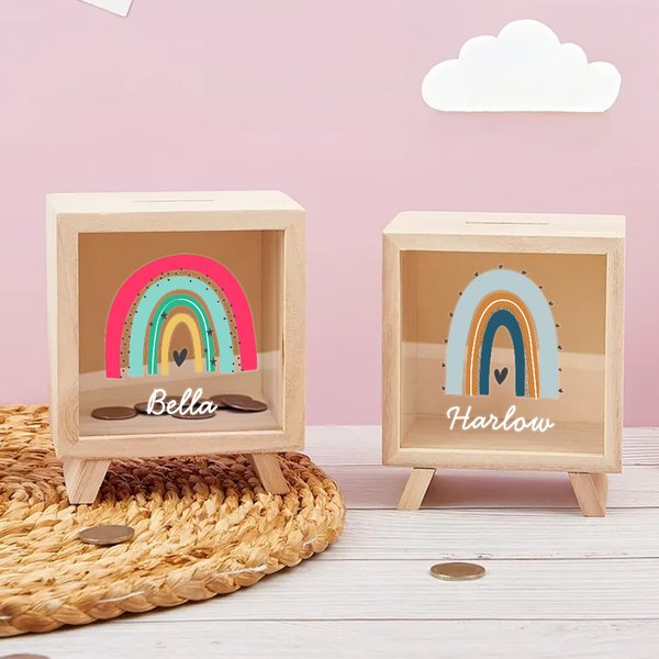Personalized Rainbow Clear Wood Money Box Piggy Bank with Name Nursery Decor Birthday Baby Shower Gift for Kids