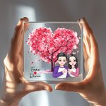 Personalisierte Cartoon Paare Rosa Herzbaum Quadratische Acrylplatte mit Namen Schreibtisch Dekoration Valentinstag Geschenk für Paare