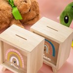Personalized Rainbow Clear Wood Money Box Piggy Bank with Name Nursery Decor Birthday Baby Shower Gift for Kids
