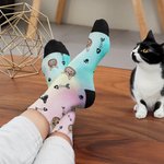 Chaussettes personnalisées en forme d'arête de poisson avec visage de chat multicolore et nom Cadeau d'anniversaire pour les propriétaires d'animaux de compagnie.