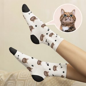 Henkilökohtainen Monivärinen Cat Face Photo Paw Fishbone Print Tube Socks kanssa nimi Syntymäpäivä Party lahja lemmikkieläinten omistaja rakastaja