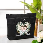 Personalised Heart Flower Cartoon Character Large Tote Bag with Names and Mesh Pocket Valentine's Day Anniversary Gift for Women