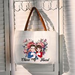 Personalised Cartoon Couple Heart Gesture Floral Love Canvas Tote Bag with Name and Leather Handle Valentine's Day Anniversary Birthday Gift for Women