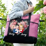 Personalised Heart Flower Cartoon Character Large Tote Bag with Names and Mesh Pocket Valentine's Day Anniversary Gift for Women