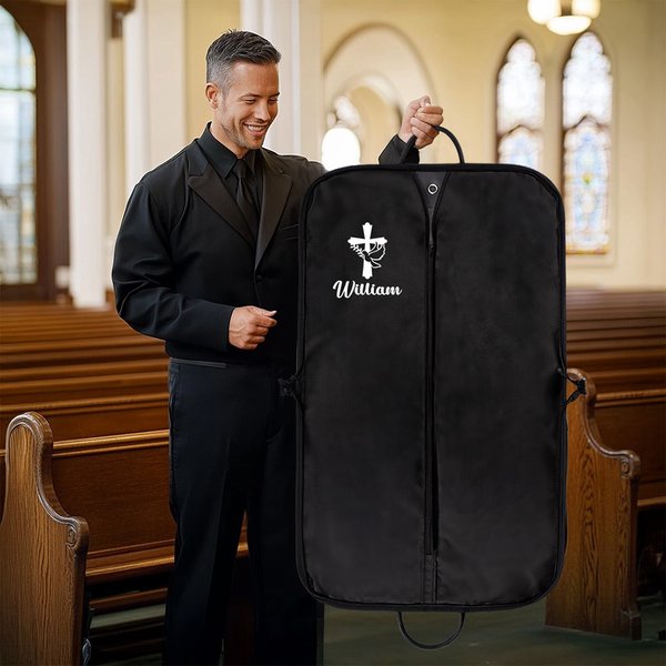 Personalized Cross Heart Faith Design Waterproof Hanging Garment Bag with Name Birthday Baptism Gift for Pastor Christian