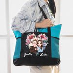 Personalised Heart Flower Cartoon Character Large Tote Bag with Names and Mesh Pocket Valentine's Day Anniversary Gift for Women