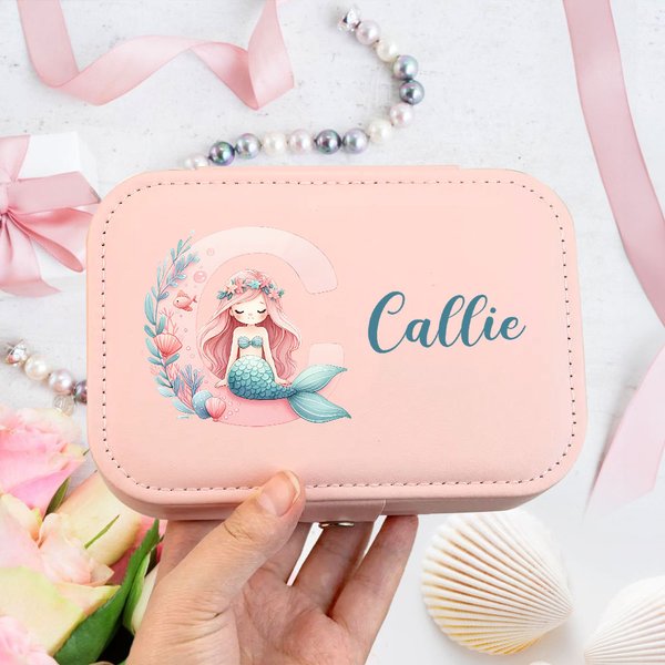 Personalisierte Fantasy Meerjungfrau Mädchen zweischichtige tragbare PU-Leder-Schmuck-Box mit Namen Reise-Zubehör Geburtstag Jahrestag Geschenk für Frauen Mädchen
