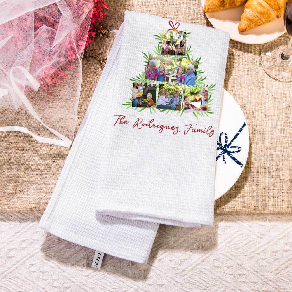 Personalized Christmas Tree 6 Photos Absorbent Waffle Tea Towel with Text Kitchen Decor Birthday Housewarming Gift for Family Chef 5