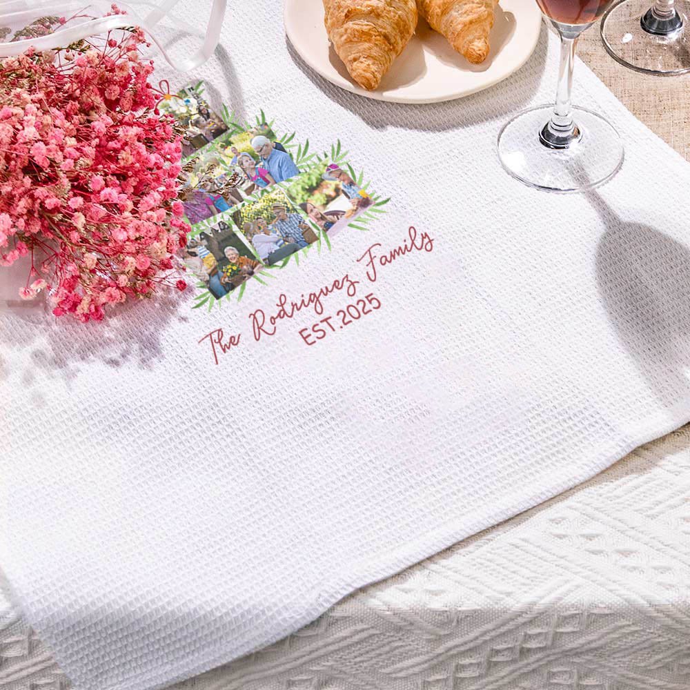 Personalized Christmas Tree 6 Photos Absorbent Waffle Tea Towel with Text Kitchen Decor Birthday Housewarming Gift for Family Chef 6
