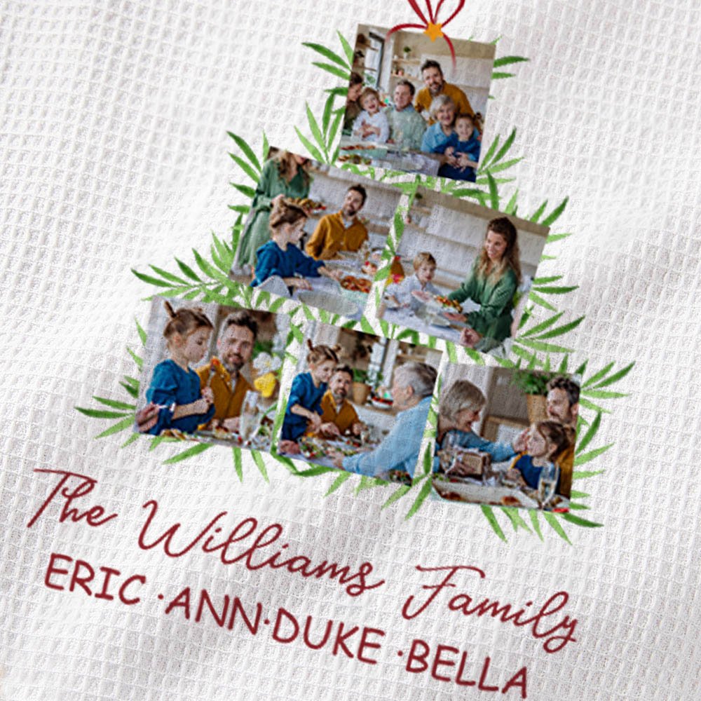 Personalized Christmas Tree 6 Photos Absorbent Waffle Tea Towel with Text Kitchen Decor Birthday Housewarming Gift for Family Chef 4