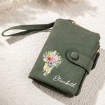 Personalized Watercolor Cross Birth Flower Name PU Leather Wallet with Card Slots and Wrist Strap Easter Religious Birthday Gift for Women Christian