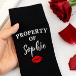 Personalised Pure Cotton Soft Breathable Red Lip Print Property Of Name Mid-Calf Socks Valentine's Day Anniversary Gift for Husband Boyfriend