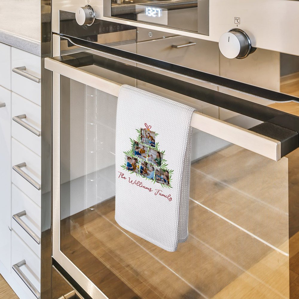 Personalized Christmas Tree 6 Photos Absorbent Waffle Tea Towel with Text Kitchen Decor Birthday Housewarming Gift for Family Chef 3