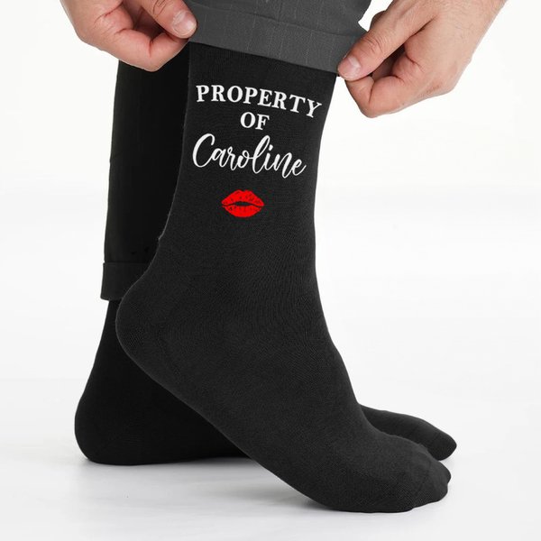 Personalised Pure Cotton Soft Breathable Red Lip Print Property Of Name Mid-Calf Socks Valentine's Day Anniversary Gift for Husband Boyfriend